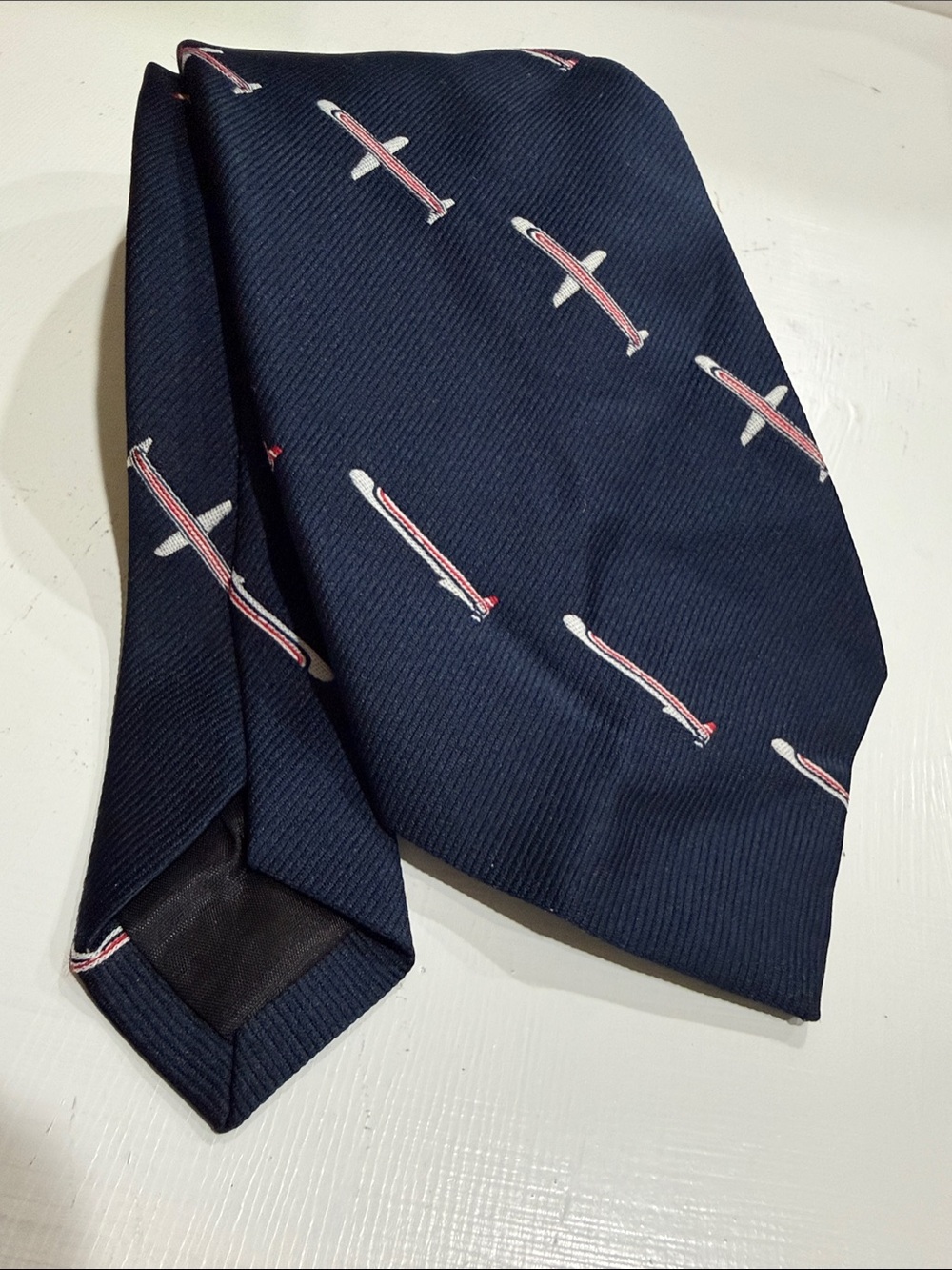 Vintage La Regale Navy Neck Tie with Red & White Airplane Motif